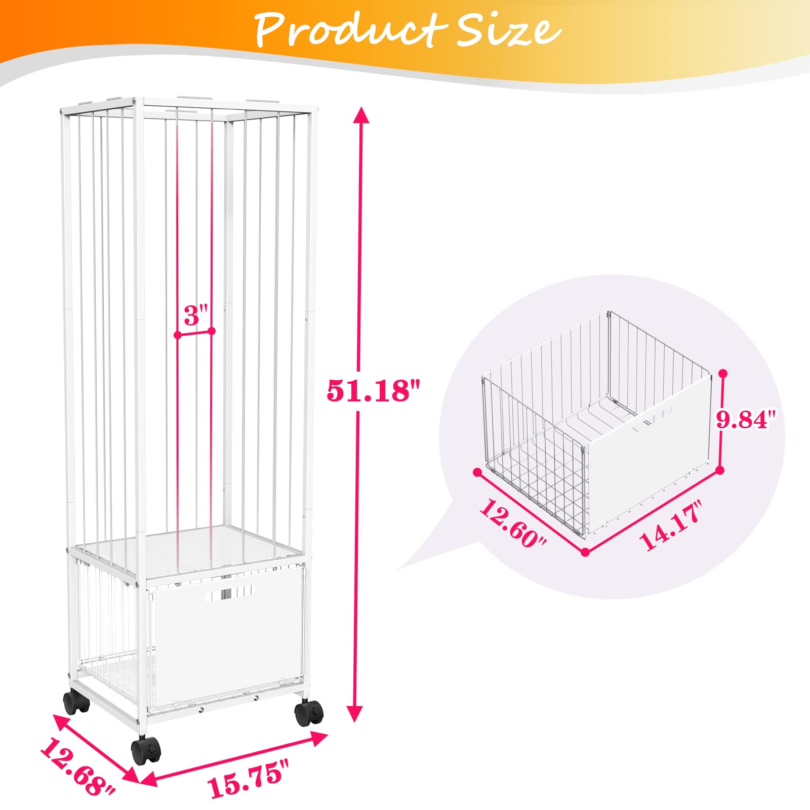 bukfen Metal Stuffed Animal Storage Zoo Extra Large Stuffed Animal Holder Space Save Toy Organizer PVC with Basket and Wheels for Nursery Playroom Bedroom,D15.75 x W12.60 x H51.96 inch,White