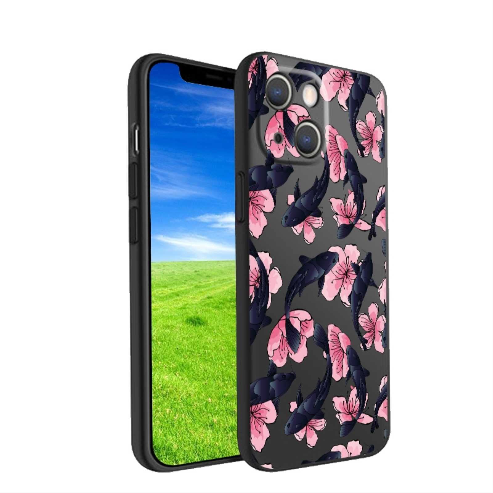 pilmdaoue Compatible with iPhone 14 Koi Fish Case, Koi Fish Floral Carp Pink Flowers Trendy Graphic for iPhone Case Women Girls, Soft Silicone Shockproof Protection Case for iPhone