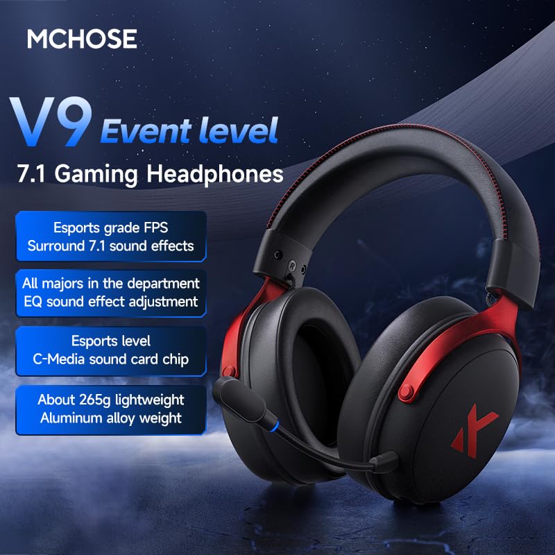 MCHOSE V9 Cuffie da gioco, suono surround 7.1, nero e rosso, lega di alluminio, peso 265 g, effetti sonori EQ, cuffie professionali da gioco FPS con software, scheda audio C-Media (3 pezzi)
