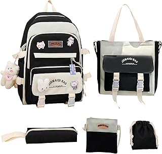 Conjunto Mochila Escolar Lona 5 Peças, Mochilas Escolares Kawaii para Estudantes Meninas, Mochila Estética Bonita Sacolas Lona Pequenas Acessórios Kawaii Mochila para Escola