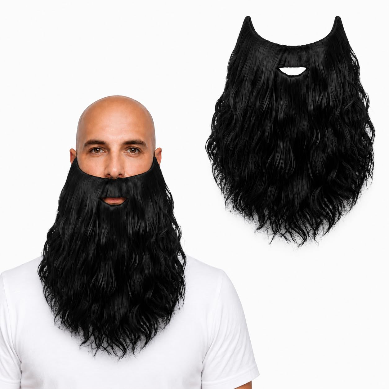 Fluffy Curly Beard & Mustache Wig with Adjustable Elastic Strap - Realistic High-Heat Fiber for Halloween, Christmas, Cosplay, Parties & Stage Performances 30 x 20 cm (Black)