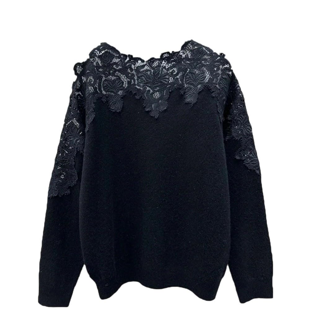 Women Lace Applique Knitted Pullover Crew Neck Long Sleeve Patchwork Sweater Casual Jumper