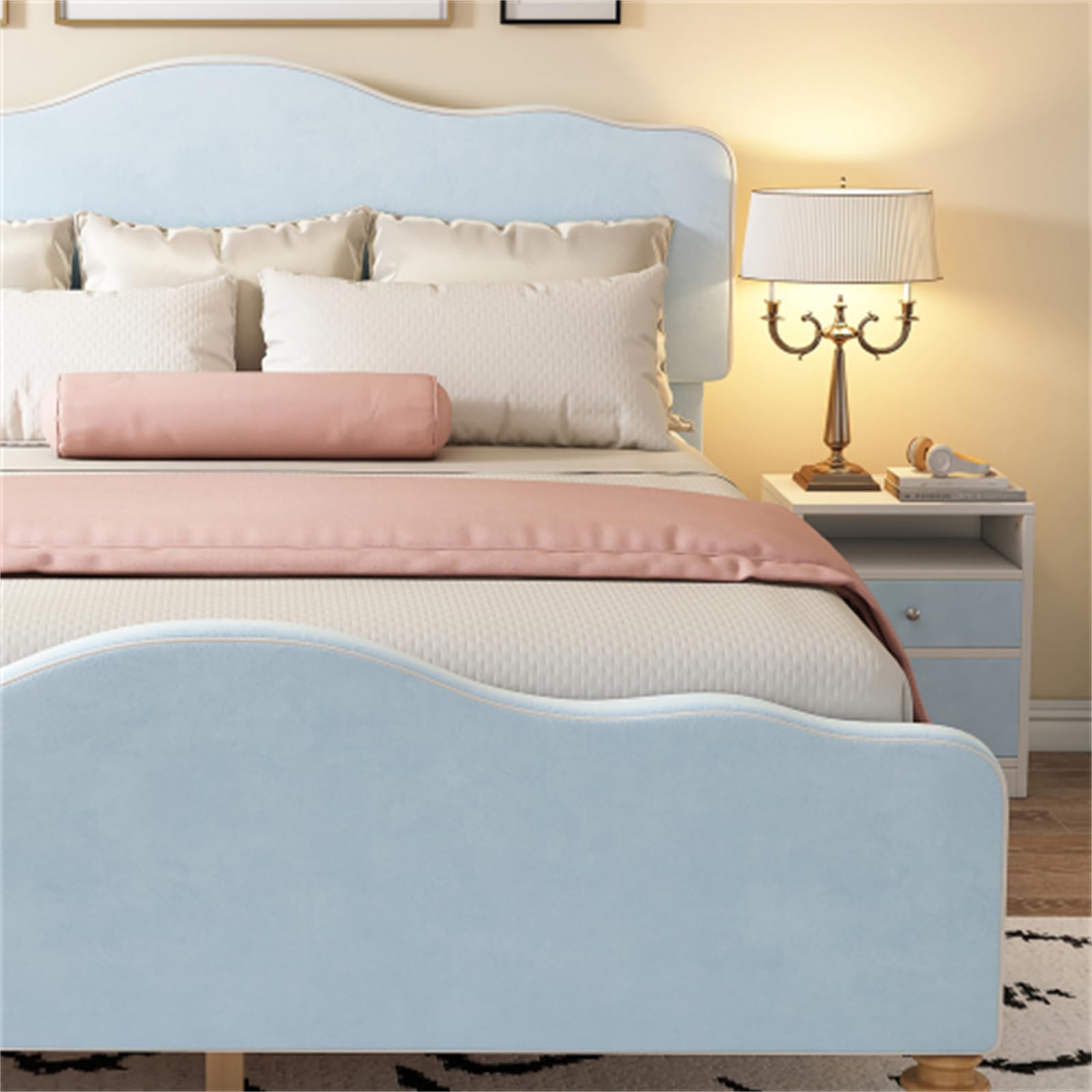 Letto imbottito con testiera e pediera ondulati, design europeo, 140 x 200 cm, rete a doghe in legno, per adulti e ragazzi
