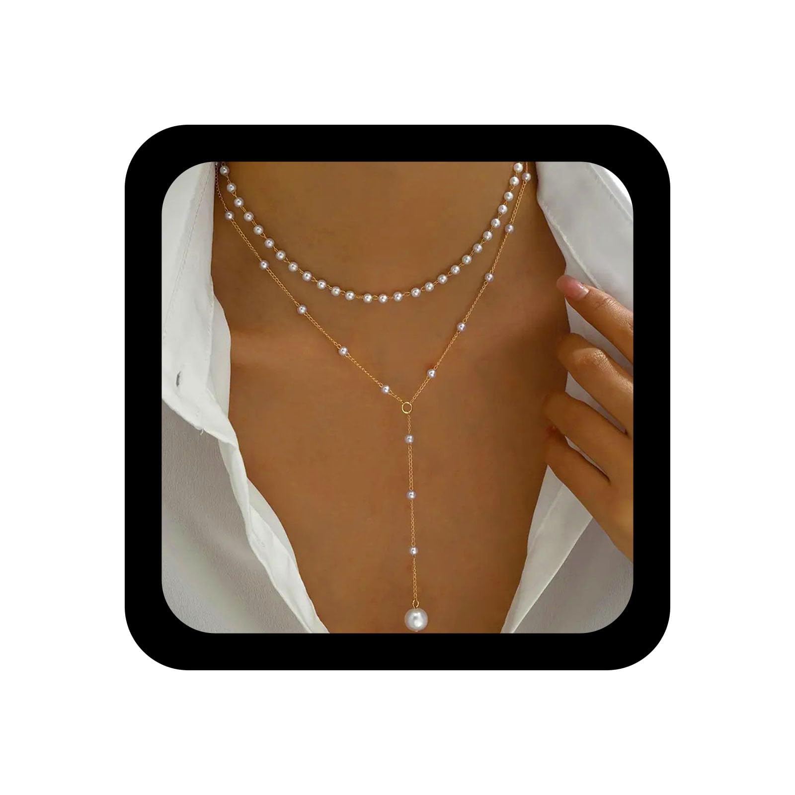 Ximdble Vintage Pearl Y Lariat Necklace Boho Pearl Drop Y Necklace Layered Pearl Choker Necklace Wedding Pearl Pendant Necklace Long Pearl Chain