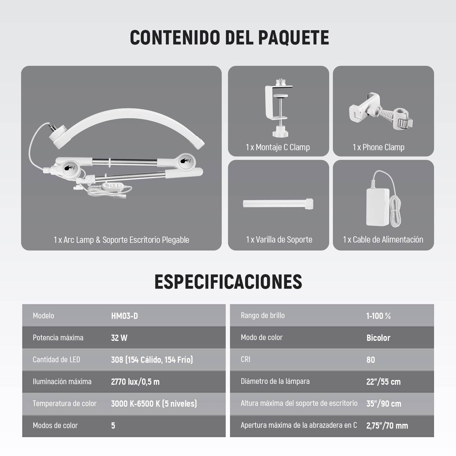 NEEWER BASICS 22" Half Moon Lash Light con Soporte Articulado Clamp Montaje Escritorio/Soporte Móvil, 32W Lámpara Arco LED Plegable para Manicura Maquillaje Belleza Tatuajes Grabación Video, HM03-D