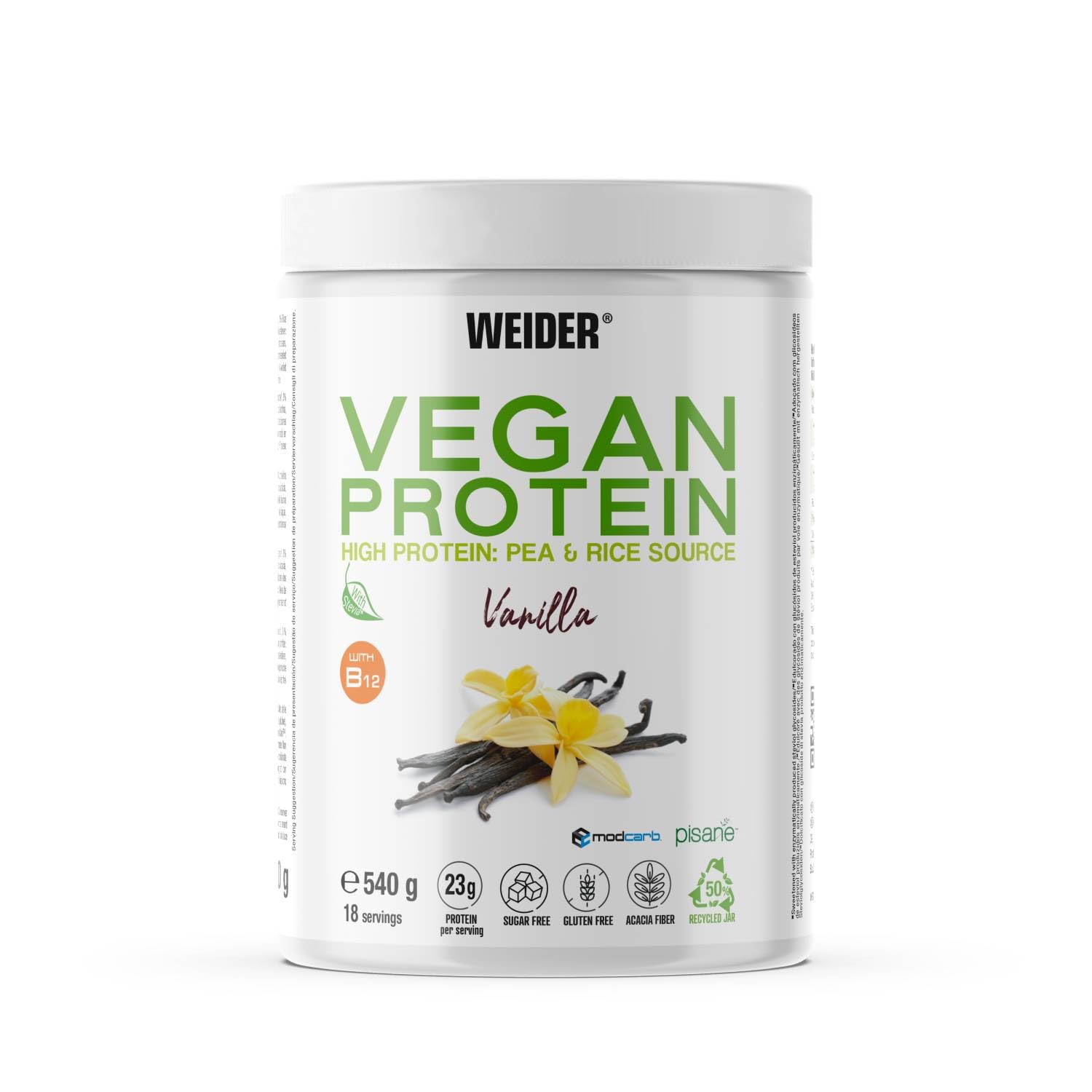 Vegan Protein (540g) Vanilla Flavour. 23g Protein/dose, Pea Isolate (Pisane) & Rice Proteins. with Vitamin B12 & Stevia. Gluten Free, Sugar Free. Packaging 50% Recycled, 100% Recyclable