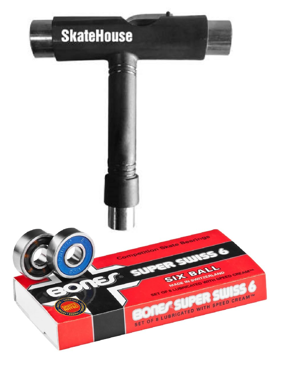 Bones Super Swiss 6 Skateboard, Longboard, and Roller Skate Bearings (8 Pack) Bundled with a Free SkateHouse Skateboard T-Handle Tool