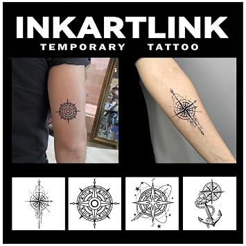 INKARTLINK Tattoo Tech, 4 Sheets Semi Permanent Tattoo, Adult Art Design Temporary Tattoos, Lasts 1-2 Weeks, Waterproof, Realistic Look, No Adhesive, No Reflection Compass Design