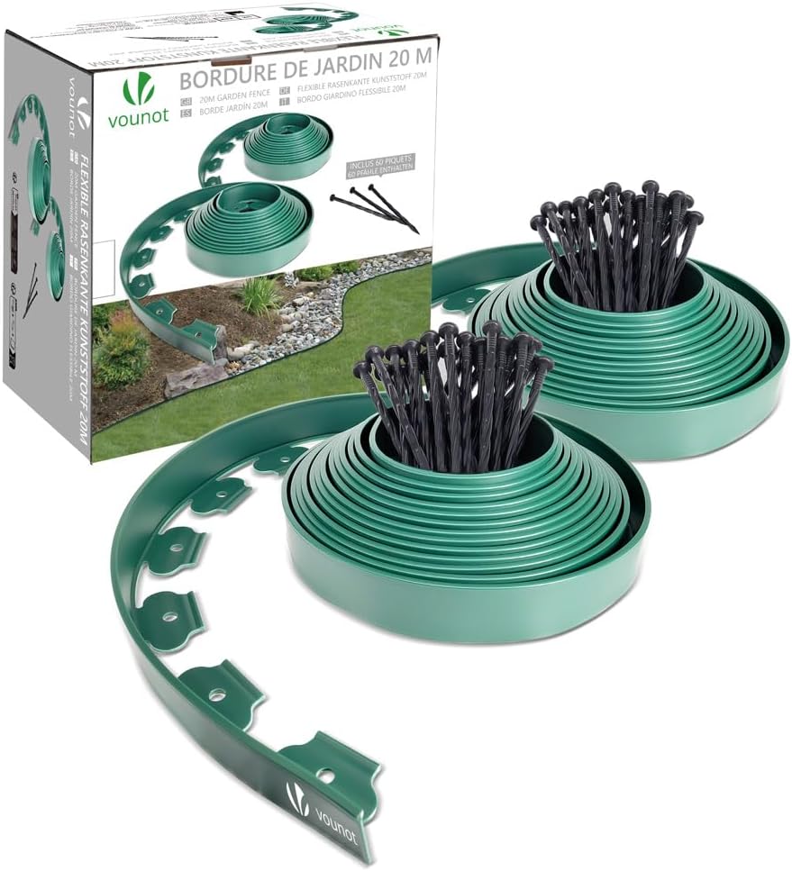 VOUNOT® Bordure de jardin flexible en PVC - 20 m x H 5 cm Vert - 40 piquets - Résistante aux