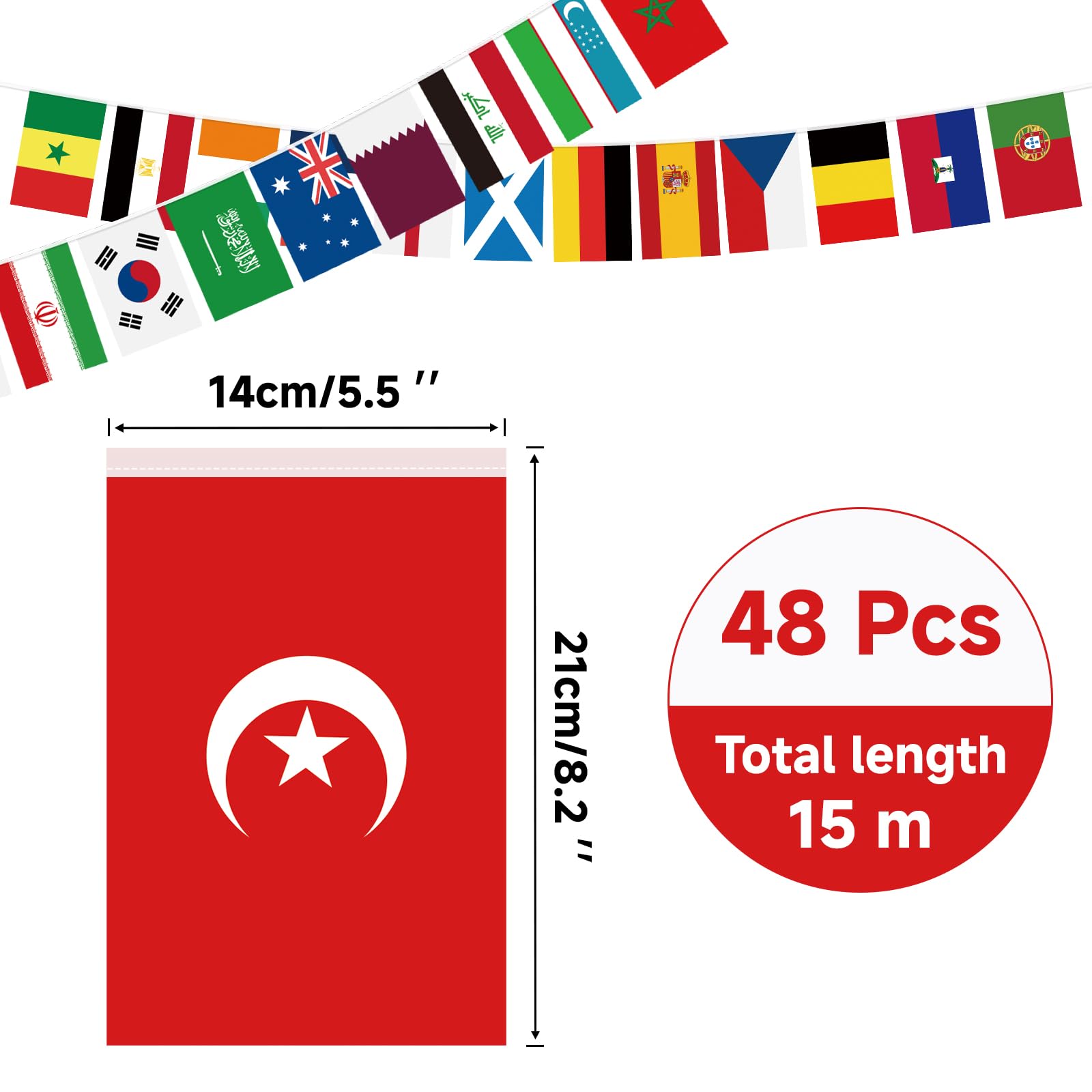 G2PLUS 48 Drapeaux du Coupe du Monde: 15 m Bannière pour Coupe du Monde 2026 - Świąteczne decoracje piłkarskie przy barze decorowym, Fête, Maison, Jardin i Terrasse (14 x 21 cm)