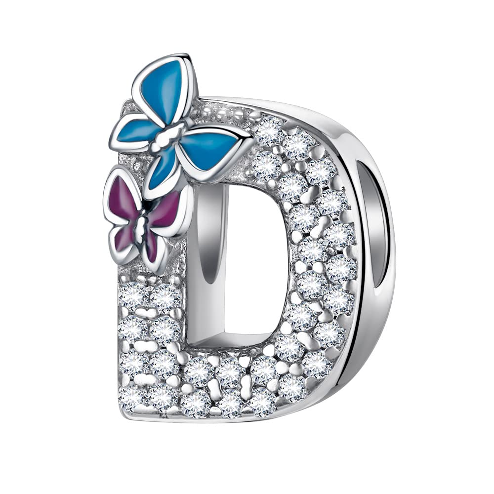 Complete A~Z Alphabet Charm Letter Beads, Solid 925 Sterling Silver with Cubic Stones Flower Butterfly fits European Bracelets Necklace Women Jewelry