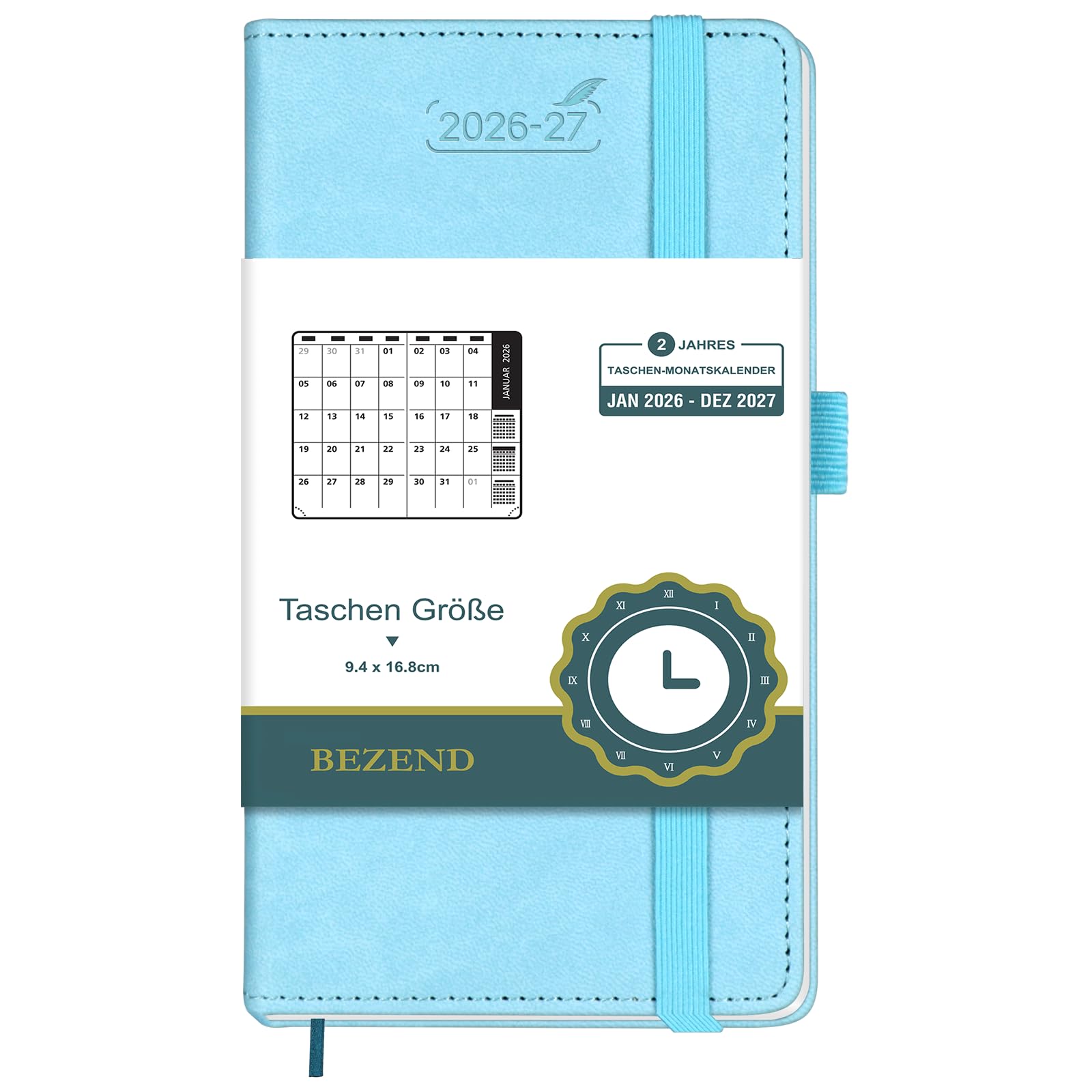 (auf Deutsch) BEZEND 2 Jahres Monats-Taschenkalender 2026/2027(Jan 26-Dez 27) A6 16,8 x 9,4 cm, Kleiner Monatskalender 1 Monat 2 Seiten mit PU-Leder Hardcover, Himmelblau