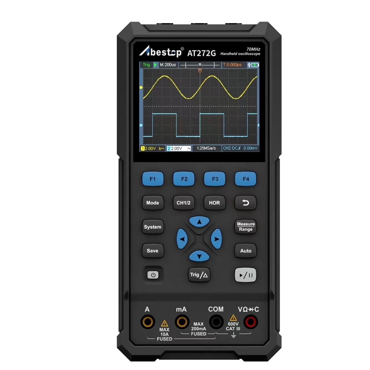 Osciloscopio digital Abestop AT272G de mano de 70 MHz osciloscopio de 2 canales y multímetro de contador de 20.000 funciones 3 en 1 con generador de forma de onda de 1 canal para medición automática