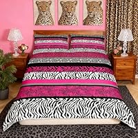 Rose Stripe Duvet Cover Set Single Size, Leopard Zebra Floral Print Bedding Set 2pcs for Kids Boys Girls Room Decor, Wild Animal Comforter Cover Cheetah Quilt Cover With 1 Pillowcase