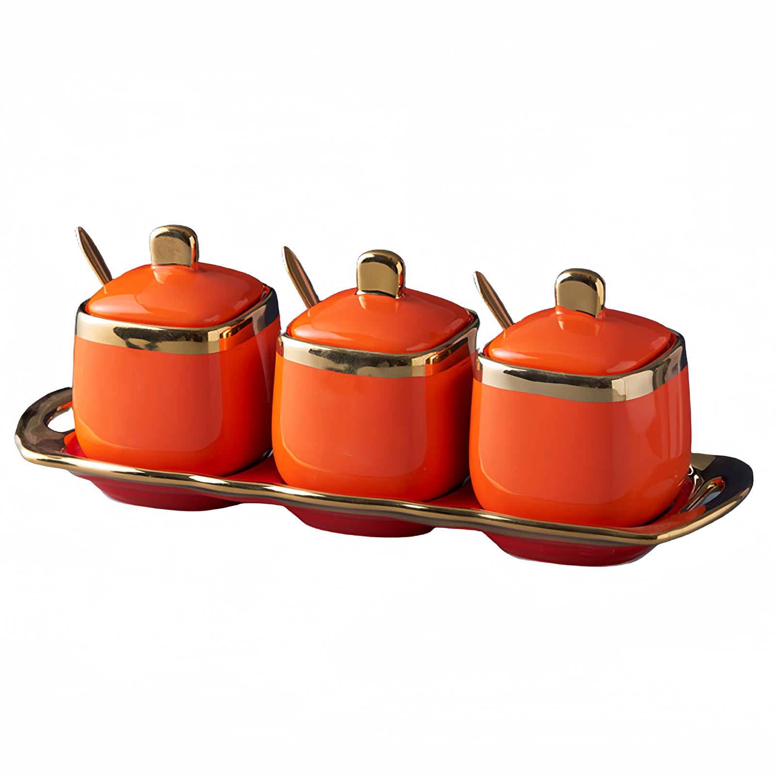 Zuckerdose mit Deckel und Löffel, Zuckerdose, 3er-Set, Zuckerbehälter, Gewürzdose, Salztopf, Gewürzbehälter (Orange, 227 ml)