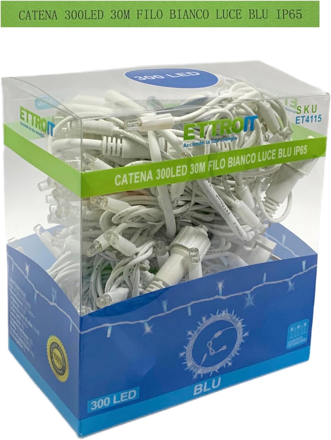 Elektronova Catena Luminosa 300 LED, 30Mt, Luce Blu, Cavo Bianco, IP65, Prolungabile, Effetto Flash, ghirlanda nataliza, negozi, balcone
