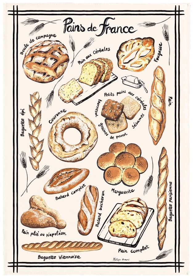 Pains de France (French Breads) Kitchen/Tea Towel, 100% Cotton (All in French)