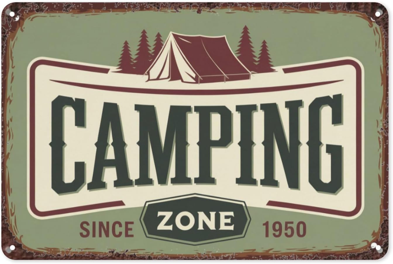 SMAZDFXX Camping Zone Vintage Tin Sign, Retro Metal Wall Decor for Camper, RV, or Outdoor Enthusiasts, Rustic Camping Theme Wall Art Poster for Nature Lovers 5.5"x8"