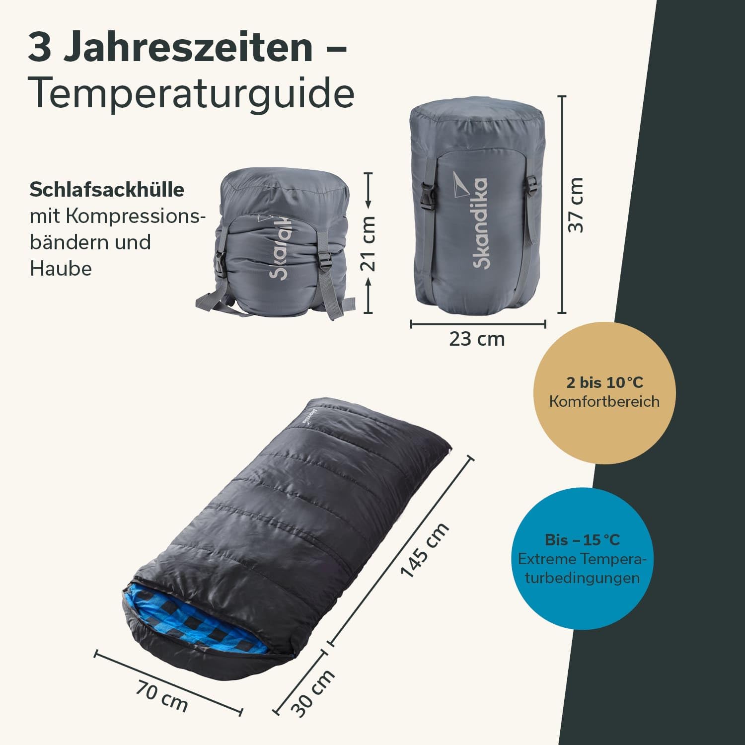 Skandika Dundee Junior śpiwór dla dzieci, flanelowa wyściółka wewnętrzna z bawełny, przytulnie miękka, wodoodporna, zakres komfortu od 13 do 3°C, 175 x 70 cm