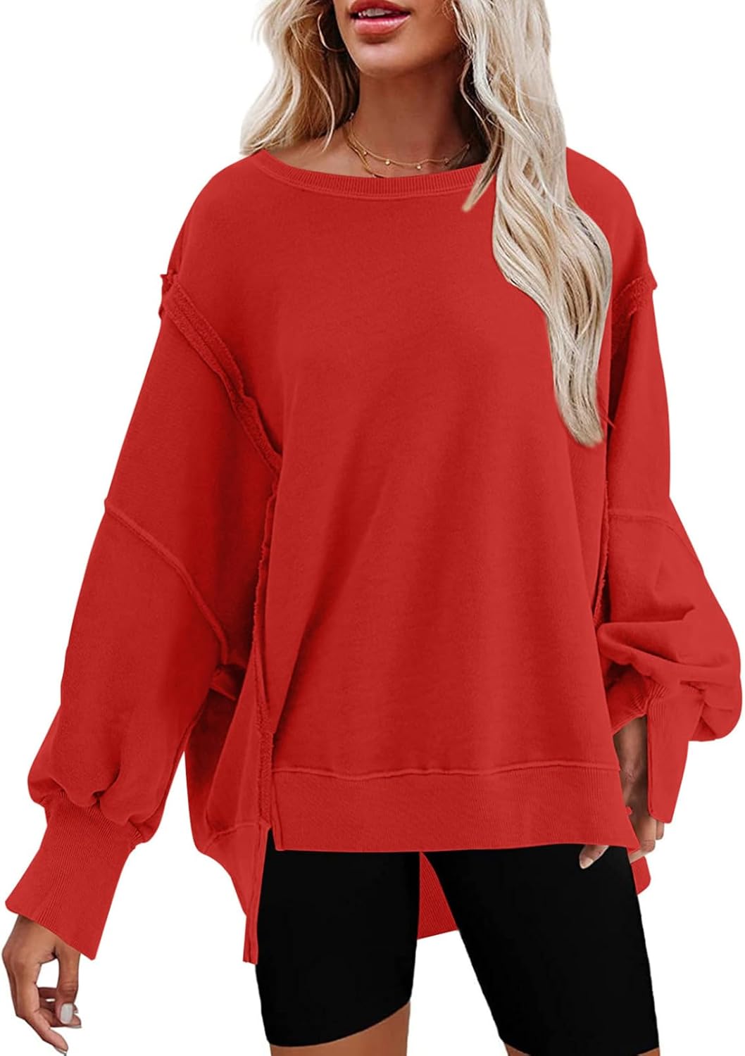 SHEWIN Womens Oversized Reverse Seam Sweatshirt Casual Long Sleeve Pullover Tops Lightweight Loose Crewneck Sweatshirts