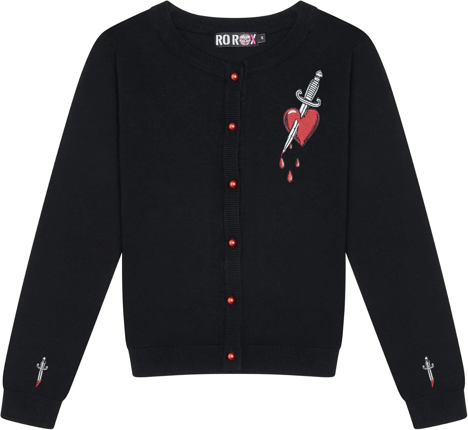 Ro Rox Heart & Dagger Cardigan Gothic Embroidered Button-Up Long Sleeve Top, Black, XS