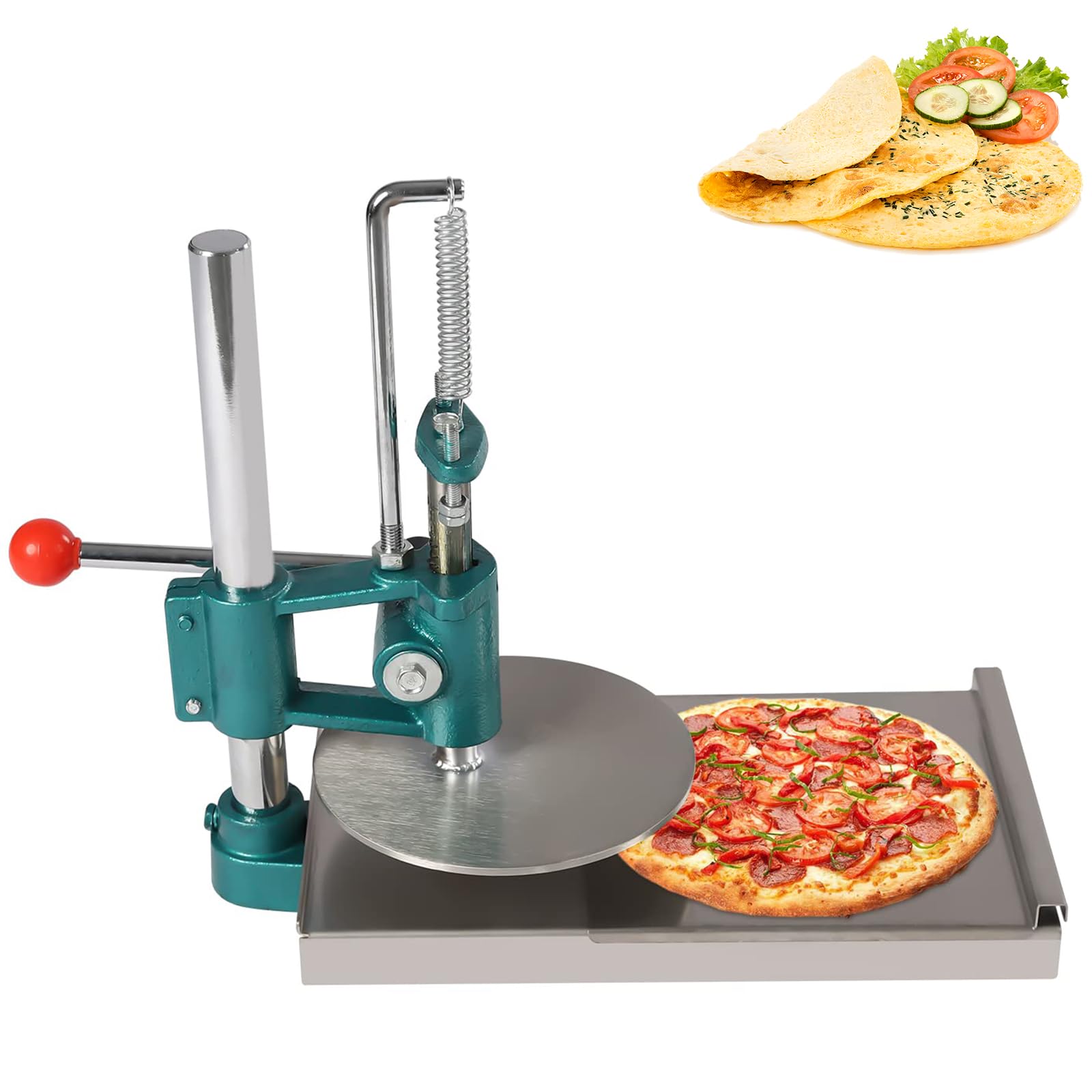 Macchina per impasto per pizza, 20 cm, con piastra di pressione regolabile, resistente per focacce, tortillas, empanadas e pasticceria, facile da usare