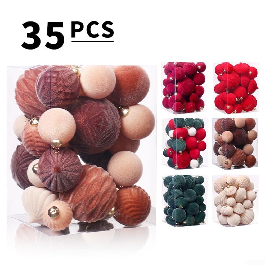 Lot de 35 boules de Noël floquées multi-usage parfaitement conçues pour la décoration de sapin et les événements, avec crochets en métal robustes pour un affichage facile (A)