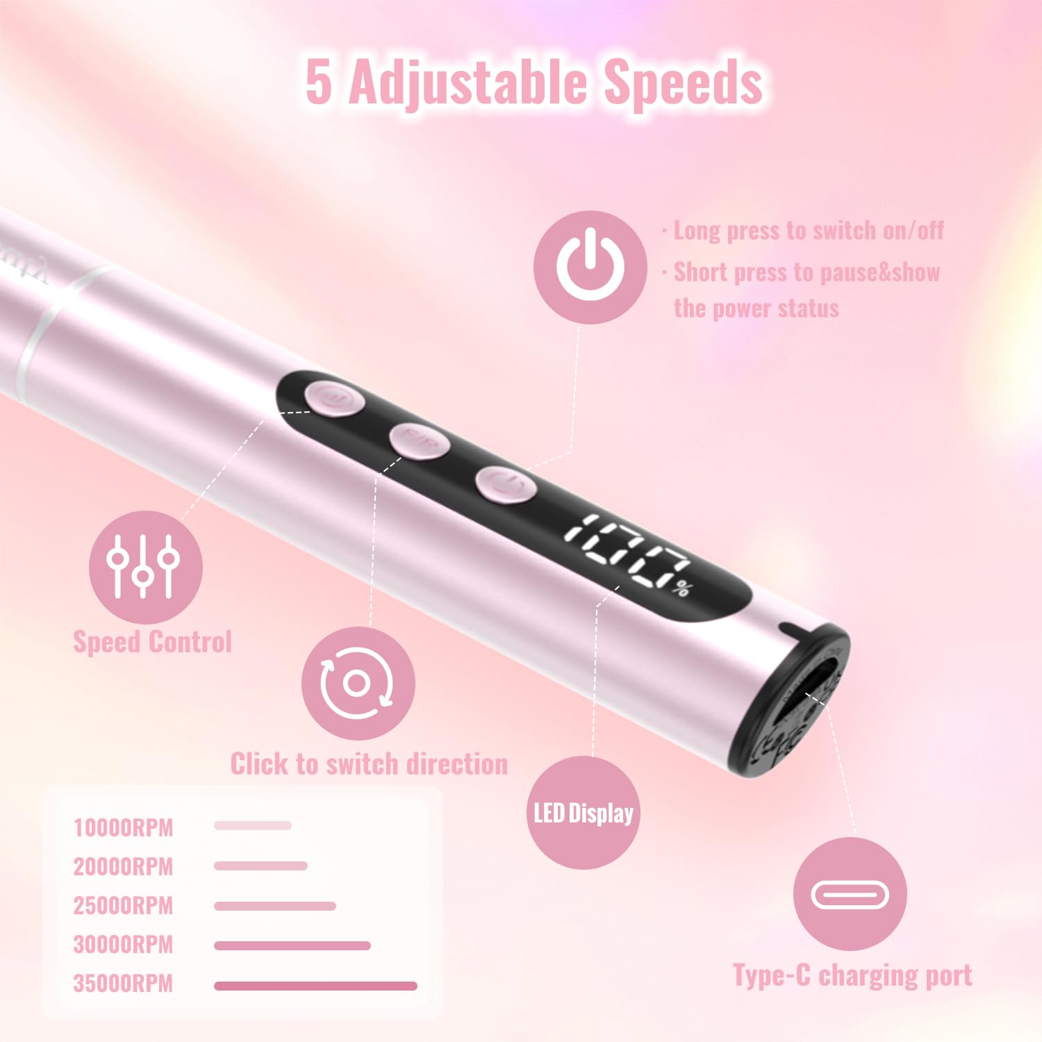Nagelfräser Kabellos 35000 U/Min, Elektrische Nagelfeile 12 in 1 Fräser Nägel Professionell Nail Drill, Nagelfräser für Gelnägel, für Semi Permanent und Acrylnägel, Maniküre Pediküre Rosa