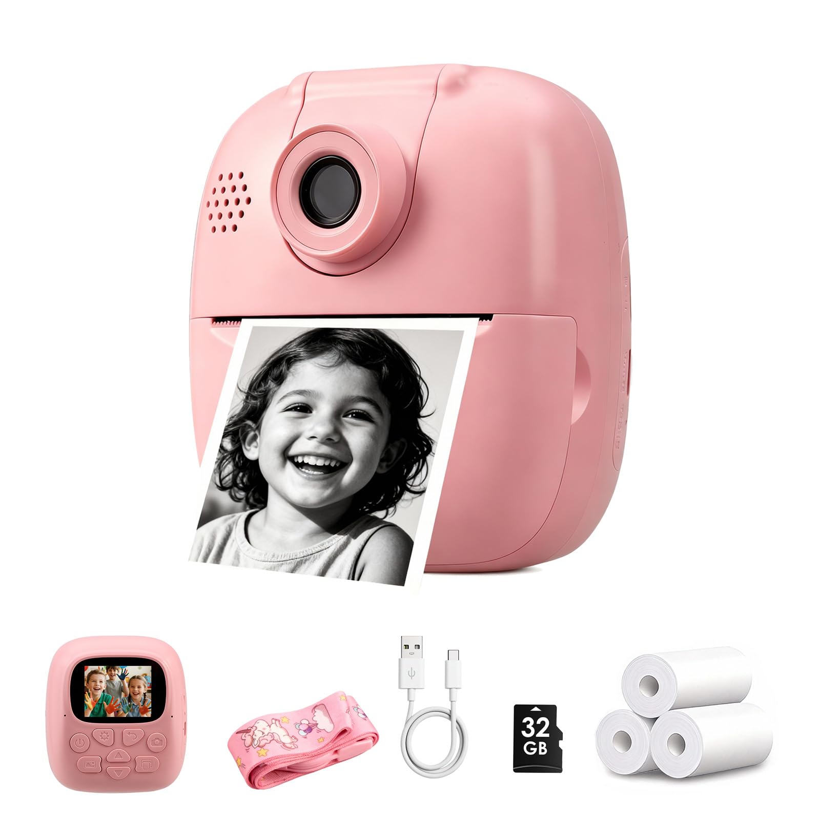 Cute Instant Print Camera for Kids – Perfect Birthday for Girls and Boys Age 3-12, Fun HD Digital Video Camera Toy with 32GB SD Card, Pink (A19, Pink)