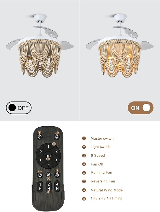 Ventilador de Techo 42" con Luz, 6 Velocidades, Control Remo miniatura 8