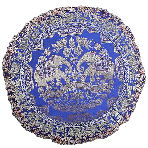 DK Homewares Ethnic Throw Pillowcase 17 x 17 Inch Brocade Jacquard Weave Decorative Round Elephant Cushion Cover (Size - 43x43 cm ; Color: Royal Blue & Gold) - 1 Pcs (Cover Only)