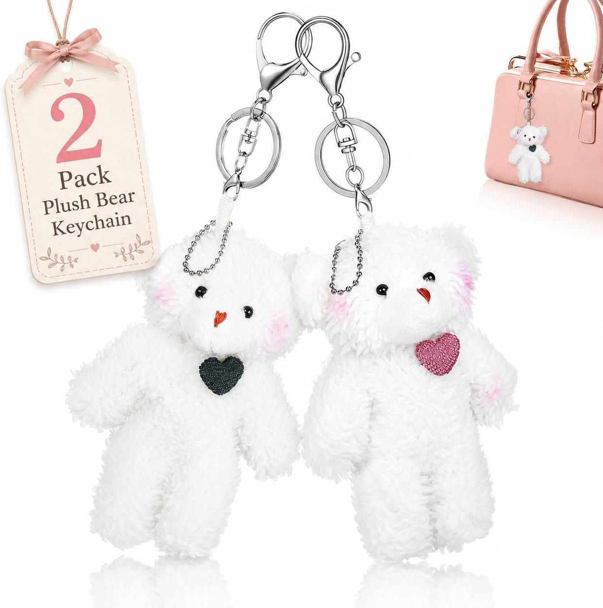 NUOBESTY 2Pcs Plush Bear Keychain, Cute Teddy Bear Bag Charms with Heart Soft Bears Key Ring for Purse Backpack Handbag, Matching Keychains for Couples Best Friends