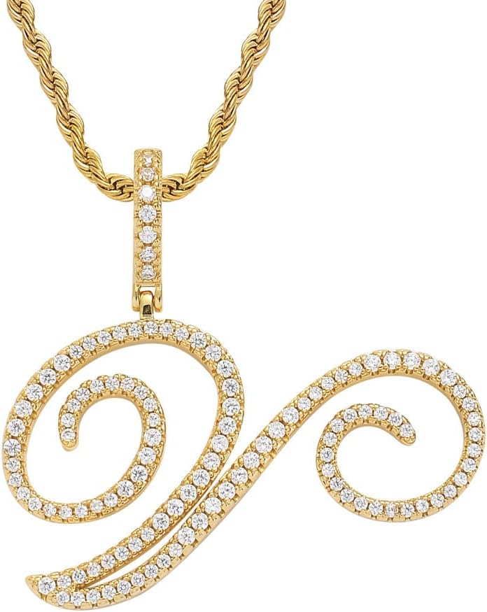 'charlinliol Initial Letter Necklace Gold Plated Women/Men Iced Out Initial Letter Pendant Necklace with 24'' Rope Chain'