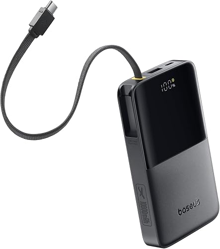 Baseus Cargador portátil, cargador de batería de carga rápida de 10000 mAh, batería PD3.0 QC3.0 de 22.5 W, cable trenzado USB C integrado, cargador