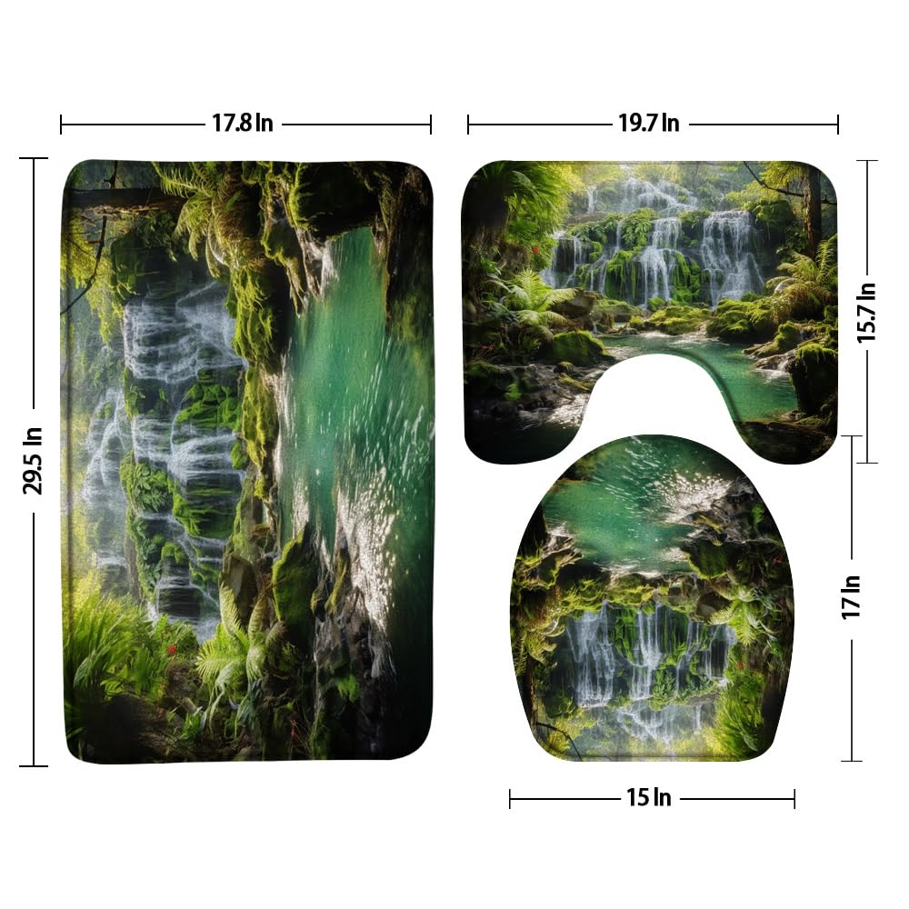 3pcs Forest Waterfall Bathroom Sets with Non-Slip Rug,Toilet Lid Cover and Bath Mat,Green 3D Vivid Tropical Rainforest Jungle Plant Lake Spring Natural Scenery Bathroom Carpett Bath Mat Toilet Rugs