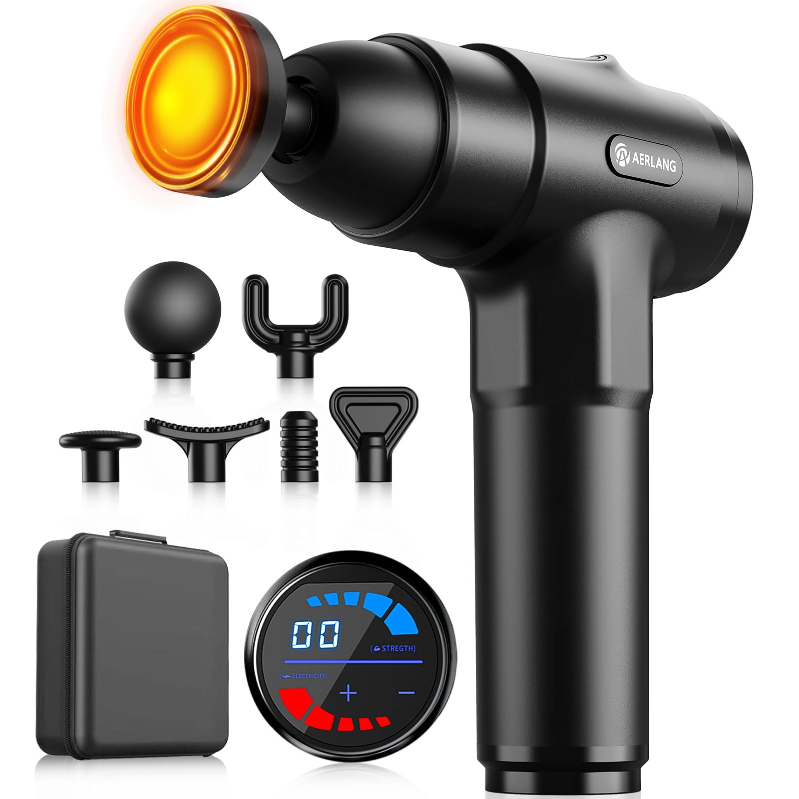 AERLANG Massage Gun with Heat, Electric Deep Tissue Muscle Massage Gun for Athletes, Professional Percussion Neck and Back Massager with 7 Massages Heads & Silent, Gifts for Men Women Deep Black