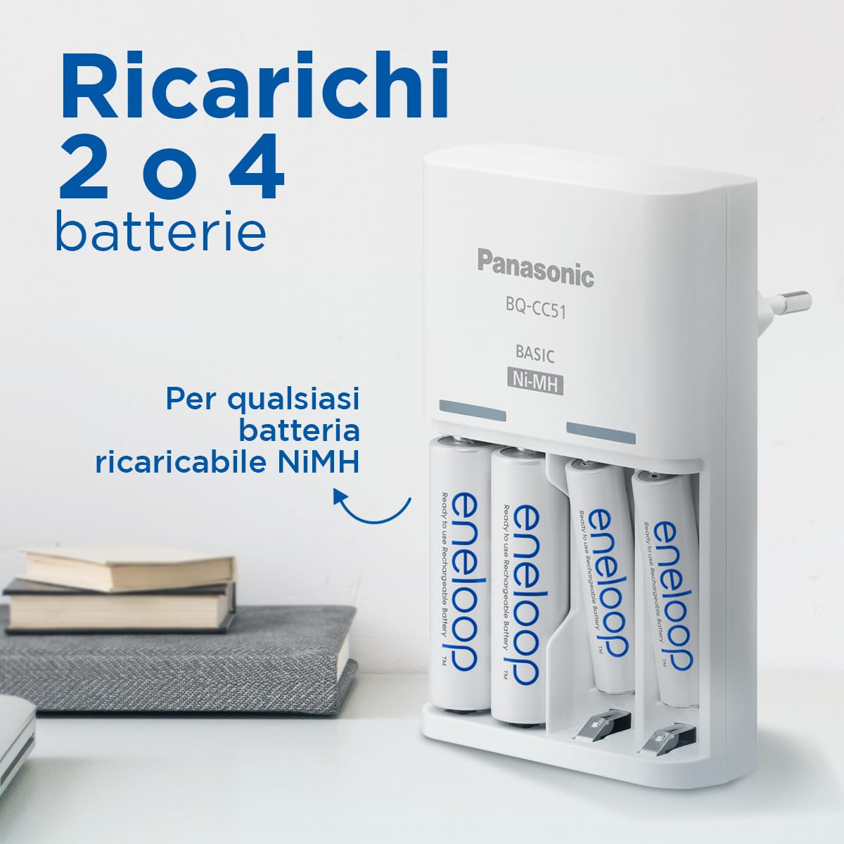 eneloop Basic Caricabatterie per 2-4 Batterie AA/AAA Ni-MH, 4 eneloop AAA con Capacità Aggiornata, 6 Funzioni di Sicurezza