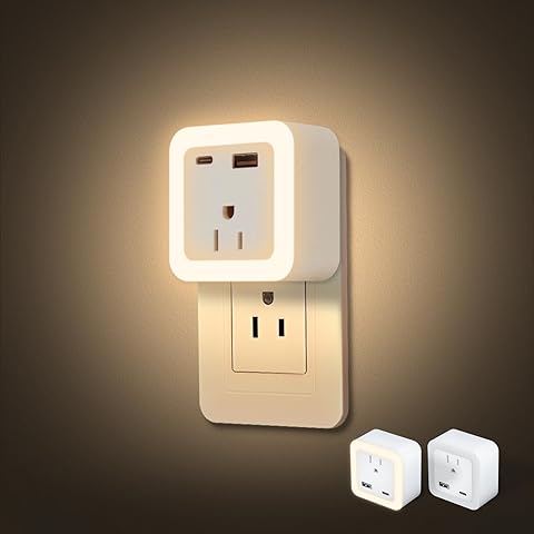 JackonLux Night Lights Plug Into Wall 2 Pack Rechargeable Battery Backup Light Dusk to Dawn Sensor Night Light with Outlet Expander for Adults Kids Bedroom, Kitchen, and Bathroom (Soft White - 3000K)