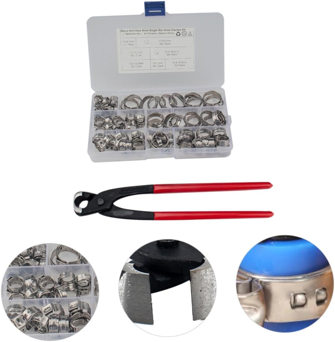ABOOFAN 130pcs Stainless Steel Hose Clips Heavy Duty Clamp Set Pliers Single Ear Hose Clamp for Pipe Tube Cable
