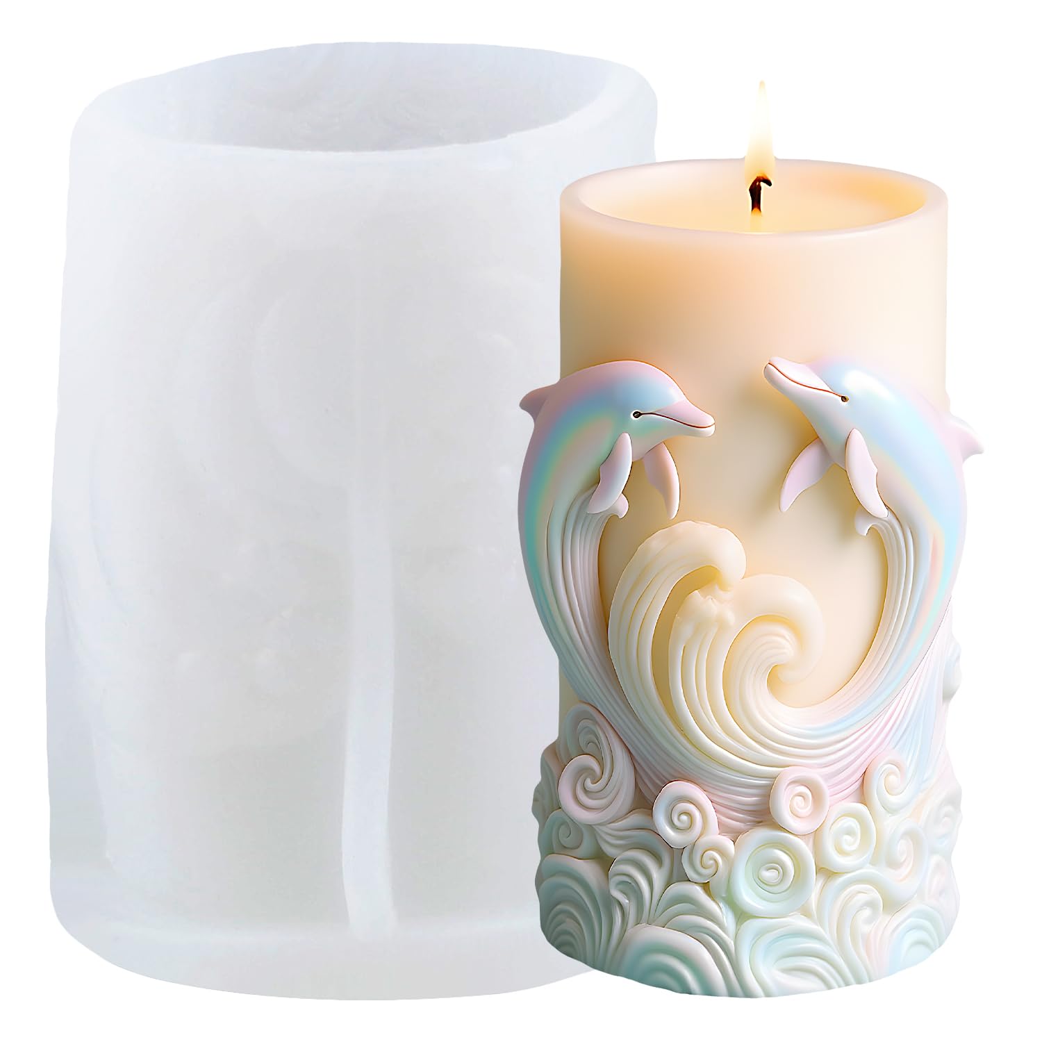 XIAOSHUI Ocean Theme Silicone Candle Mould Wave and Dolphin Embossed Resin Casting Moulds for Candles Making Aromatherapy Candles Wax Polymer Clay Home Decoration