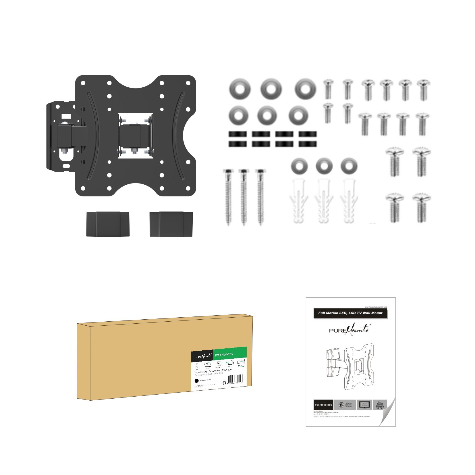 PureMounts® Uchwytdo telewizora, Vesa 200x200, odległość od ściany: 5,5-20 cm, nośność 30 kg, pochylanie 3°/-10°, obracanie 90°/-90°, czarny