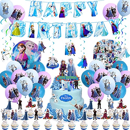97 pcs Frozen Birthday Party Supplies, Frozen Party Decorations Includes Birthday Banner, Hanging Swirls, Cake Topper, Cupcake Toppers, Balloons, Stickers, Frozen Birthday Decorations for Girls Kids