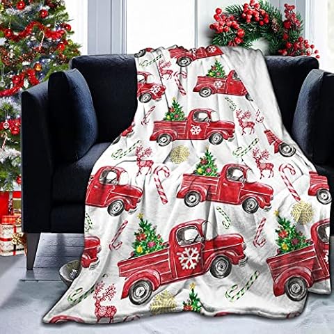 Sofevaim Vintage Christmas Throw Blanket, Farmhouse Red Truck Throw Blanket Xmas Tree Snowflake Deer Elk Decoration Sofa Bed Flannel Fleece Blanket for Kids Adult Gifts 50'' x 60'' Cover