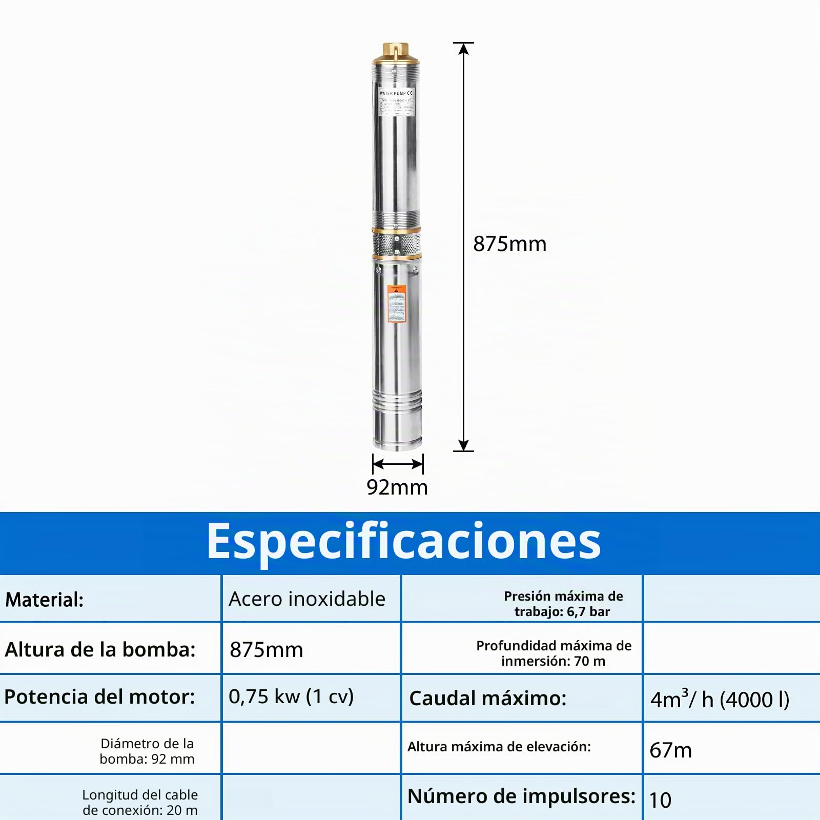 ACXIN Bomba de agua sumergible pozo 100 cm – Bomba para pozos profundos profundos, Bomba Sumergible de 92 mm de diámetro, (0,75 kW/4.000 l/h)