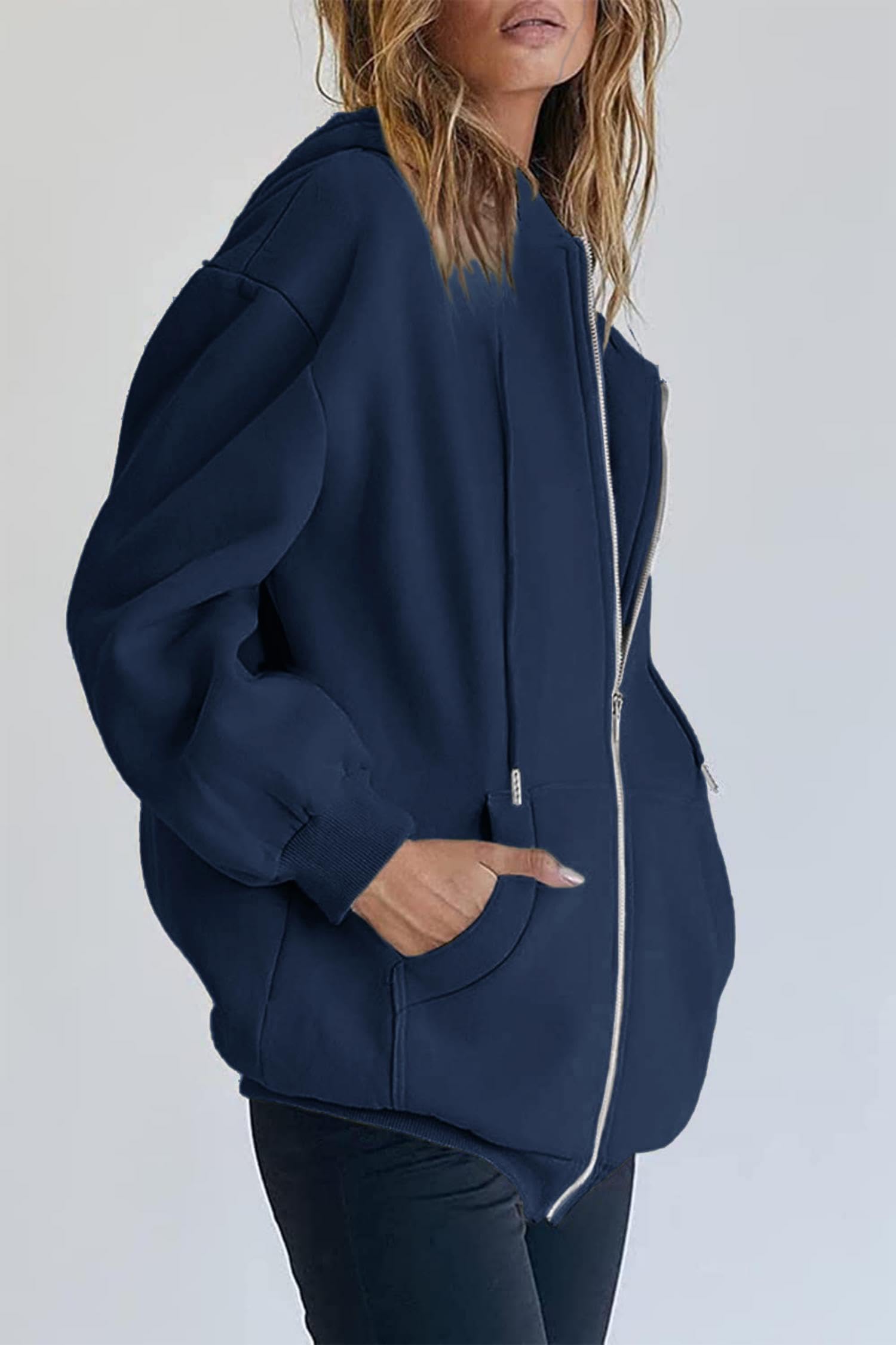 Timuspo Bluza damska z kapturem 2024, na jesień, zimę, długa, bluza z kapturem, z zamkiem błyskawicznym, płaszcz oversize