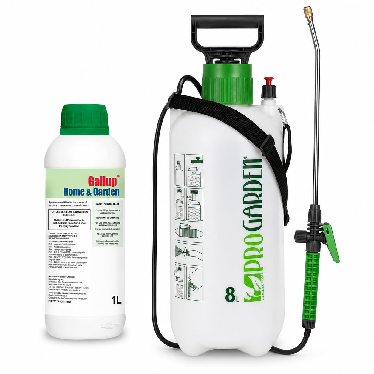 Home & Garden Weed Killer 1 Litre with 8 Litre Pump Action Pressure Sprayer Bundle, Glyphosate Herbicide for Annual & Perennial Weeds on Paths, Patios