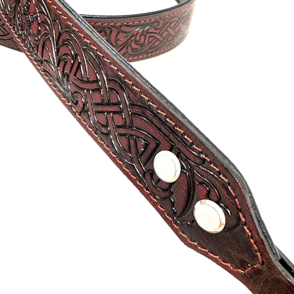 Walker And Williams M-20-RD Mahogany Red Leather Premium Padded Mandolin Strap With Celtic Chain Design, For Mandola, Bouzouki or Ukulele. For F And A Type Mandolins