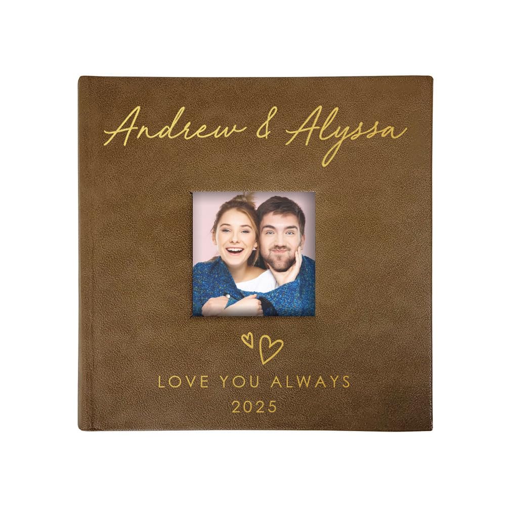 Personalized Photo Album For Couples, Holds 200 4" x 6" Photos, Engraved Hand Drawn Hearts Leatherette Picture Album, Gifts For Her, Wedding Gift, Brown