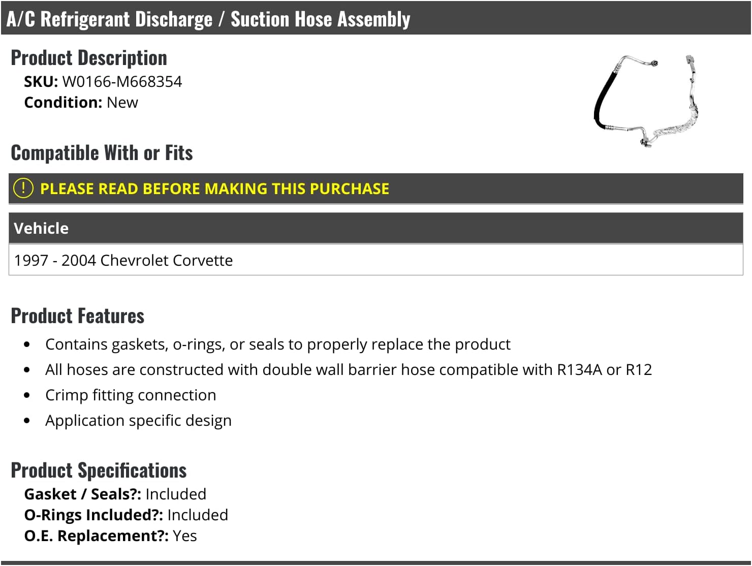 A/C Discharge and Suction Hose Assembly - with Seals and O-Rings - Compatible with 1997-2004 Chevy Corvette