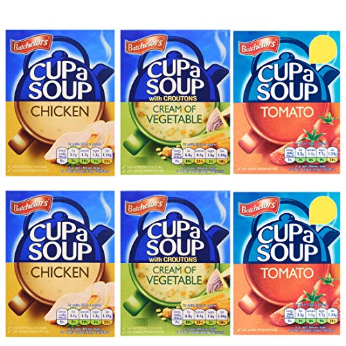 Bachelors Instant Cup A Soup Selection Tomate, crema de verduras, sabores de pollo, 6 cajas